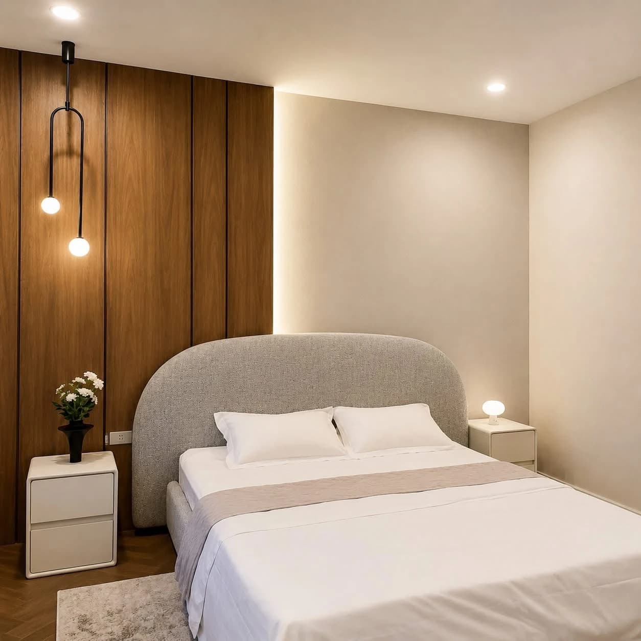 Ban Fah คลอง 5 — Bedroom with upholstered headboard and wooden wall panels